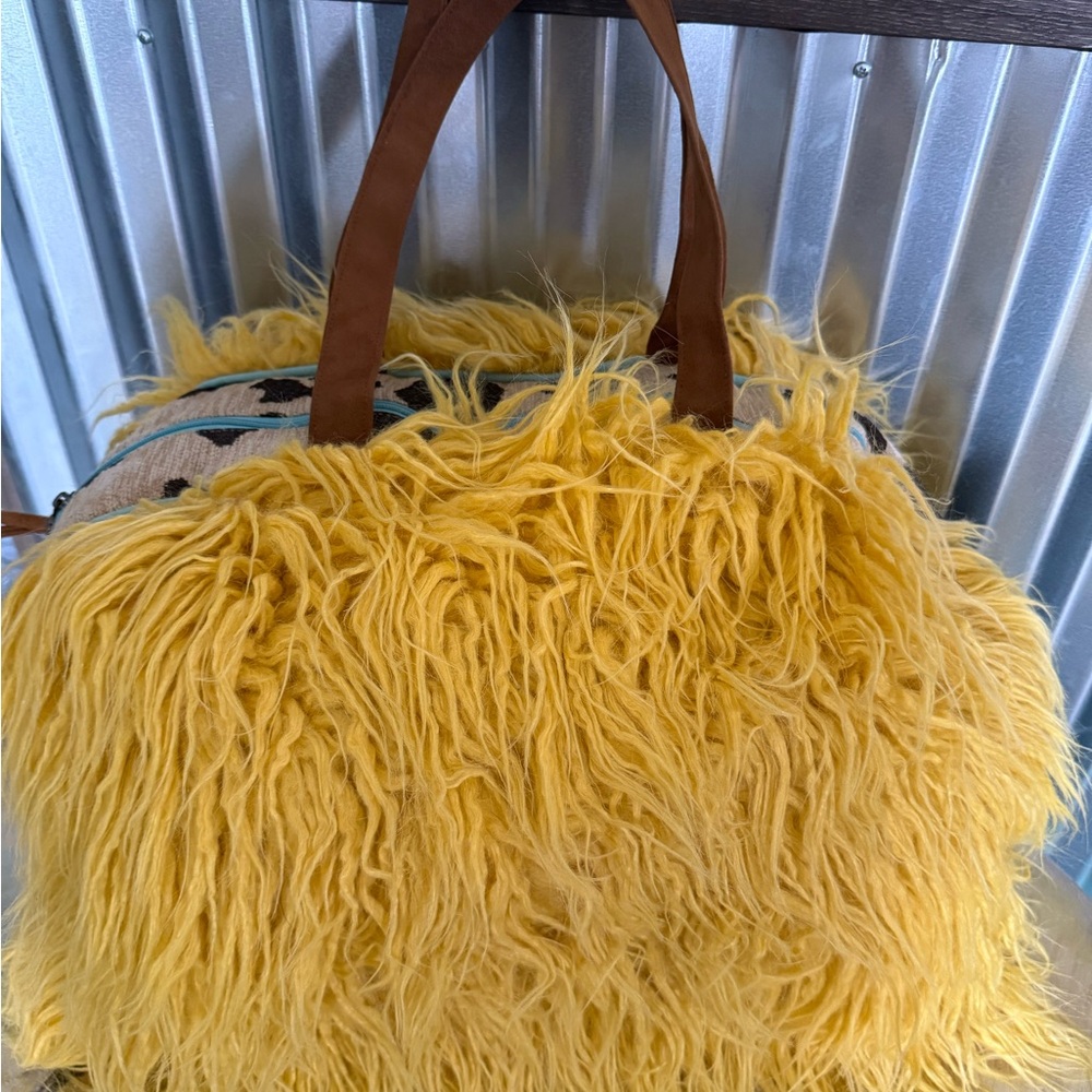 Vibrant Yellow Shaggy Tote with Brown Handles